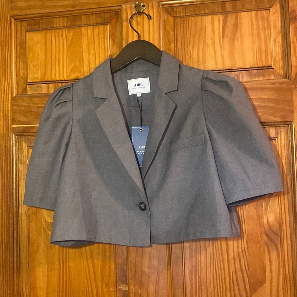 Gray Cropped Puff-Sleeve Blazer